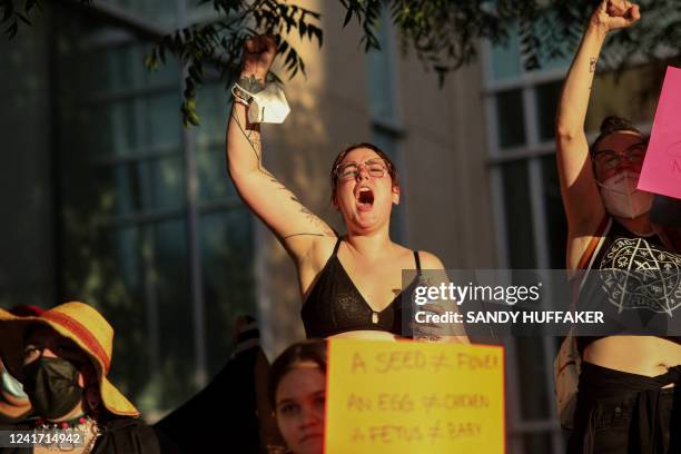 Abortion rights protesters chant during a Pro Choice rally at the Tucson Federal Courthouse in Tucson, Arizona on Monday, July 4, 2022.