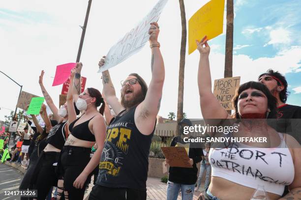 Abortion rights protesters chant during a Pro Choice rally at the Tucson Federal Courthouse in Tucson, Arizona on Monday, July 4, 2022.