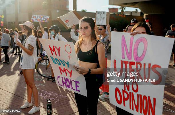 Abortion rights protesters chant during a Pro Choice rally at the Tucson Federal Courthouse in Tucson, Arizona on Monday, July 4, 2022.