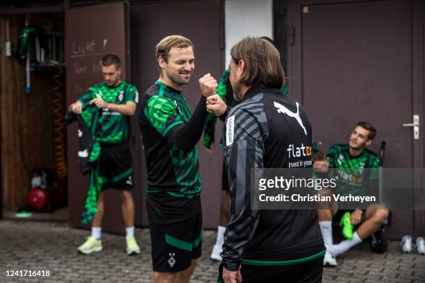 Tony Jantschke and Head Coach Daniel Farke are seen during a Training session at the Training Camp of Borussia Moenchengladbach at the Tegernsee on...