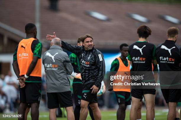 Head Coach Daniel Farke talks to the Team during a Training session at the Training Camp of Borussia Moenchengladbach at the Tegernsee on July 05,...