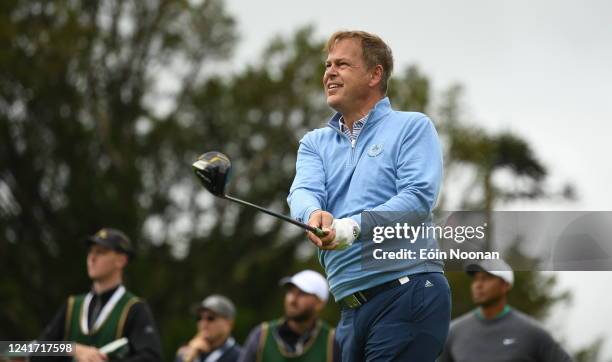 Limerick , Ireland - 5 July 2022; British entrepreneur, businessman, and reality television personality Peter Jones watches his drive from the first...