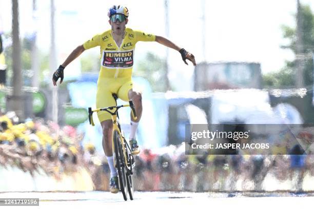 Belgian Wout Van Aert of Team Jumbo-Visma celebrates after winning stage four of the Tour de France cycling race, a 171.5 km race from Dunkerque to...