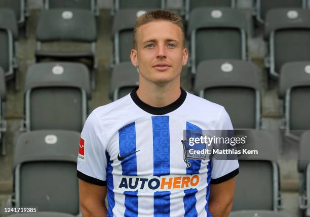 Santiago Ascacibar of Hertha BSC poses during the team presentation at Schenckendorffplatz on July 5, 2022 in Berlin, Germany.