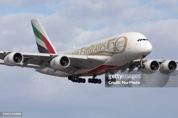 An Emirates Airlines Airbus A380 lands at Heathrow Airport on Monday 27 June.