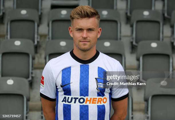 Maximilian Mittelstaedt of Hertha BSC poses during the team presentation at Schenckendorffplatz on July 5, 2022 in Berlin, Germany.