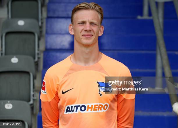 Oliver Christensen of Hertha BSC poses during the team presentation at Schenckendorffplatz on July 5, 2022 in Berlin, Germany.