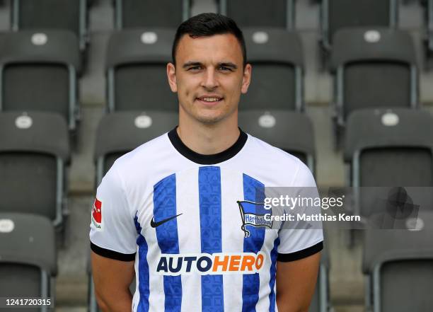 Filip Uremovic of Hertha BSC poses during the team presentation at Schenckendorffplatz on July 5, 2022 in Berlin, Germany.