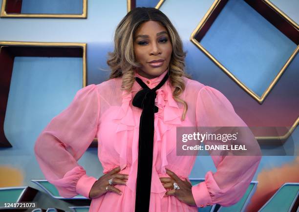 Tennis player Serena Williams poses on arrival to attend the UK Gala Screening of the film 'Thor: Love and Thunder', at the Odeon Luxe in London on...