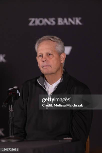 Danny Ainge CEO of Basketball Operations of the Utah Jazz speak during a press conference about Will Hardy as the new Head Coach of the Utah Jazz at...