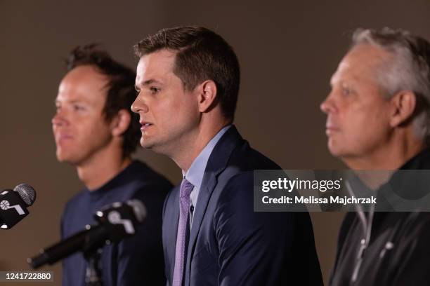 Ryan Smith Owner, Will Hardy Head Coach and Danny Ainge CEO of Basketball Operations of the Utah Jazz speak during a press conference about Will...
