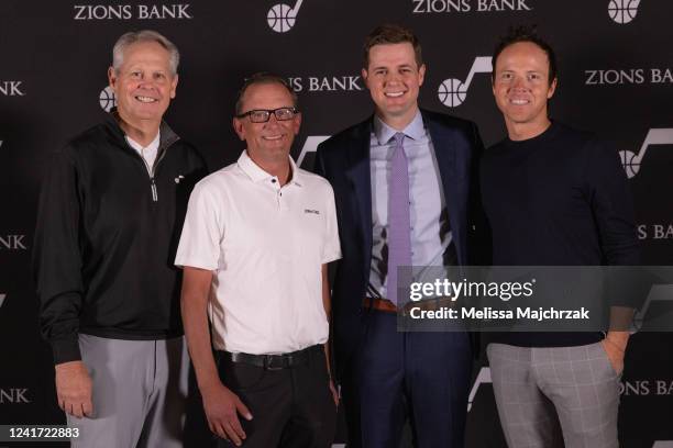 Danny Ainge CEO of Basketball Operations, Justin Zanik General Manager, Will Hardy Head Coach and Ryan Smith Owner of the Utah Jazz speak pose for a...