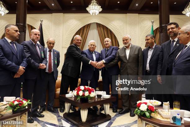 Algerian President Abdelmadjid Tebboune meets Palestinian President Mahmoud Abbas and Ismail Haniyeh, Head of the Hamas Political Bureau in Algiers,...