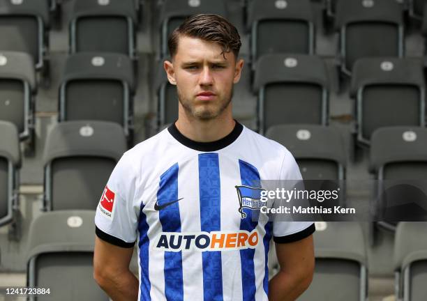 Linus Gechter of Hertha BSC poses during the team presentation at Schenckendorffplatz on July 5, 2022 in Berlin, Germany.