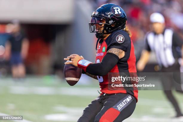 Ottawa Redblacks quarterback Jeremiah Masoli looks to pass the ball during Canadian Football League action between the BC Lions and Ottawa Redblacks...