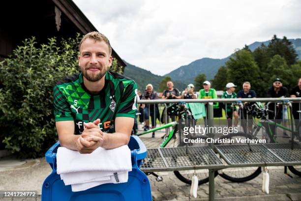 Marvin Friedrich cools down during a Training session at the Training Camp of Borussia Moenchengladbach at the Tegernsee on July 05, 2022 in...