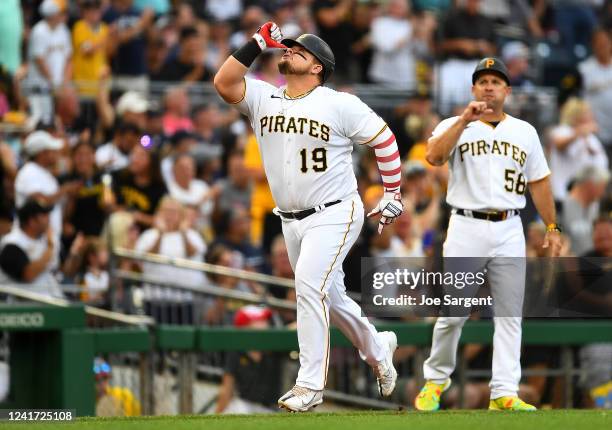 Daniel Vogelbach of the Pittsburgh Pirates celebrates his solo home run during the second inning against the New York Yankees at PNC Park on July 5,...