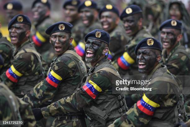 Soldiers march during the country's Independence Day parade in Caracas, Venezuela, on Tuesday, July 5, 2022. Venezuelan government and opposition...