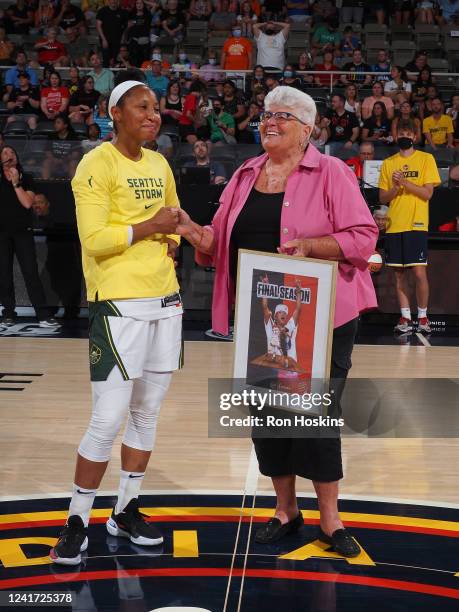 Lin Dunn and the Indiana Fever recognize Briann January of the Seattle Storm before the game on July 5, 2022 at Gainbridge Fieldhouse in...