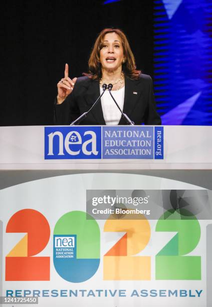 Vice President Kamala Harris speaks at the National Education Association 2022 annual meeting and representative assembly in Chicago, Illinois, US,...