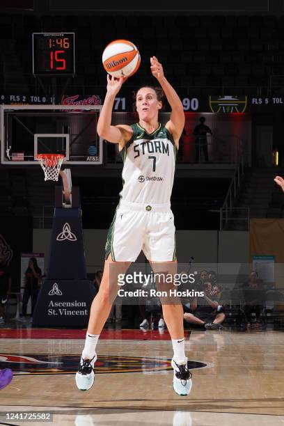 Stephanie Talbot of the Seattle Storm shoots a three point basket during the game against the Indiana Fever on July 5, 2022 at Gainbridge Fieldhouse...