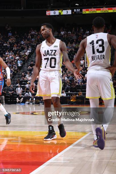 Vic Law and Jared Butler of the Utah Jazz high five during the game against the Oklahoma City Thunder during the 2022 NBA Salt Lake City Summer...