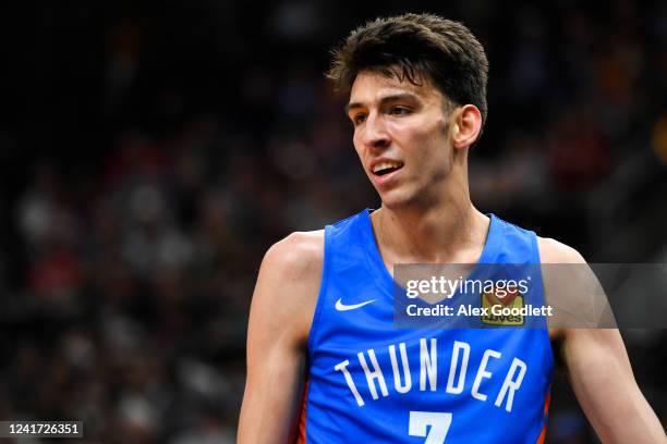 Chet Holmgren of the Oklahoma City Thunder looks on during a NBA Summer League game against the Utah Jazz at Vivint Arena on July 05, 2022 in Salt...