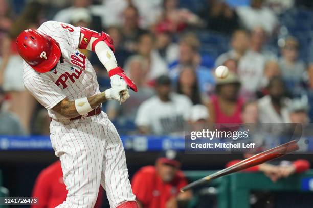 Nick Castellanos of the Philadelphia Phillies hits a broken bat two RBI single in the bottom of the sixth inning against the Washington Nationals at...