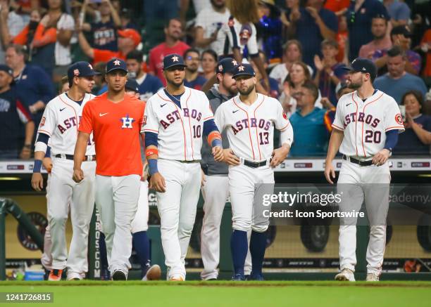 Houston Astros center fielder Mauricio Dubon , Houston Astros outfielder Michael Brantley , Houston Astros designated hitter Yuli Gurriel , Houston...