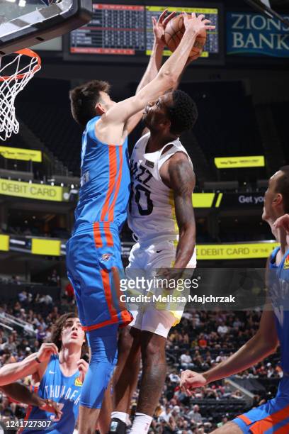 Chet Holmgren of the Oklahoma City Thunder blocks the shot of Vic Law of the Utah Jazz during the 2022 NBA Salt Lake City Summer League on July 5,...