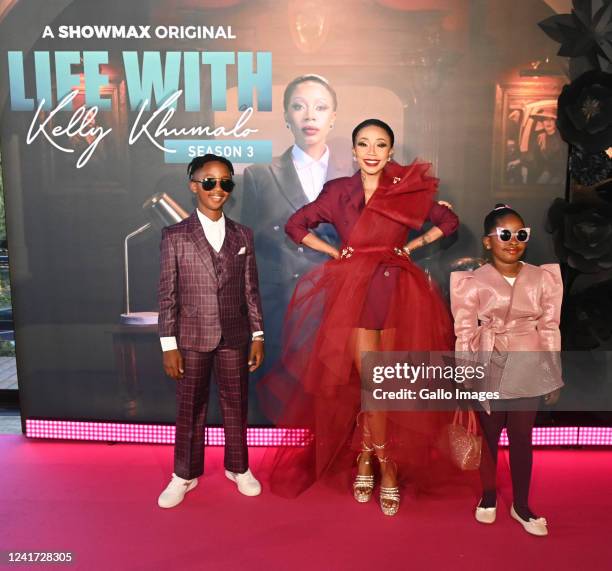 Christian, Kelly & Thingo Khumalo at the Season 3 premiere launch of Life with Kelly Khumalo in The Mesh Club, Rosebank on July 02, 2022 in...