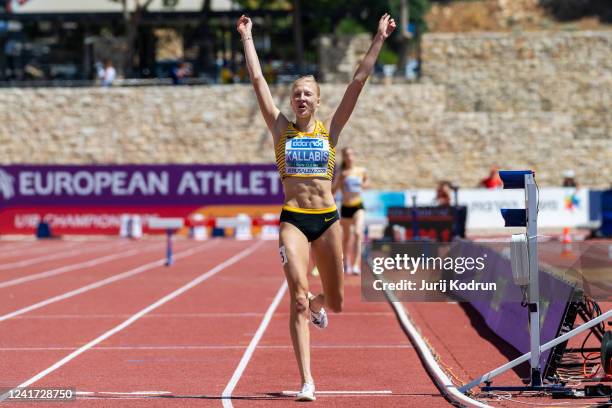 Jolanda Kallabis of Germany celebrates after 2000m Women's Steeplechase during day 3 of the Jerusalem 2022 European Athletics U18 Championships at...