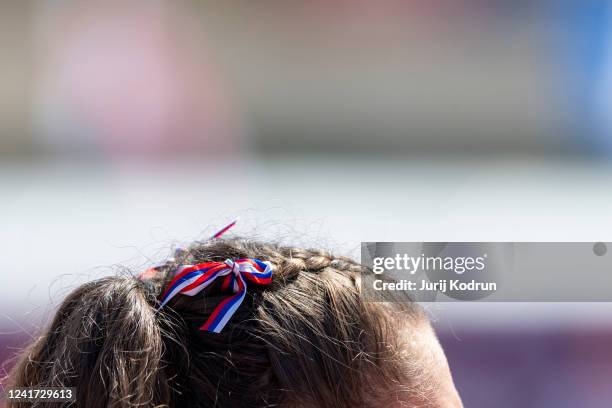 Rebecca Slezlakova of Slovakia competes in Women's 400m Hurdles during day 3 of the Jerusalem 2022 European Athletics U18 Championships at Givat-Ram...