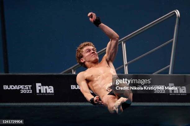 Rylan Wiens of Canada competes in the Men's 10m Platform Final on day eight of the Budapest 2022 FINA World Championships at Duna Arena on July 3,...