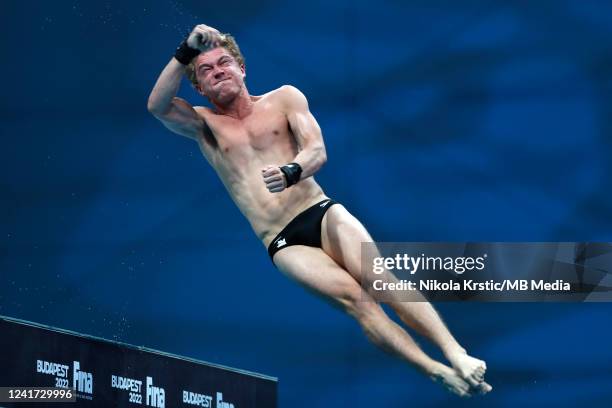 Rylan Wiens of Canada competes in the Men's 10m Platform Final on day eight of the Budapest 2022 FINA World Championships at Duna Arena on July 3,...