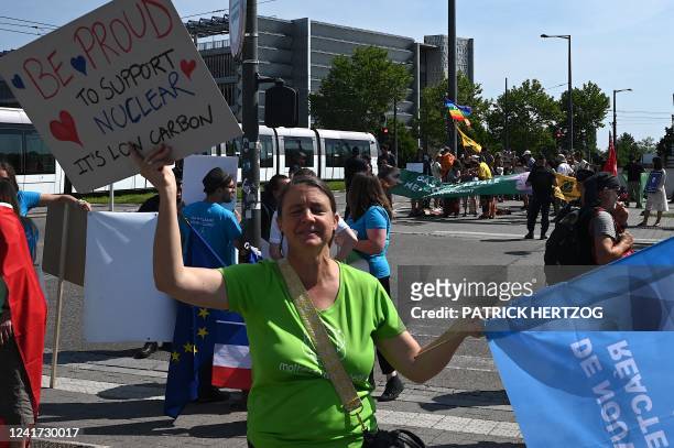 Pro-nuclear and anti-nuclear protesters take part in demonstrations ahead of a vote at the European Parliament on a motion to block the European...