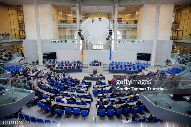 Federal Chancellor Olaf Scholz speaks at German Bundestag during a government survey on July 06, 2022 in Berlin, Germany.