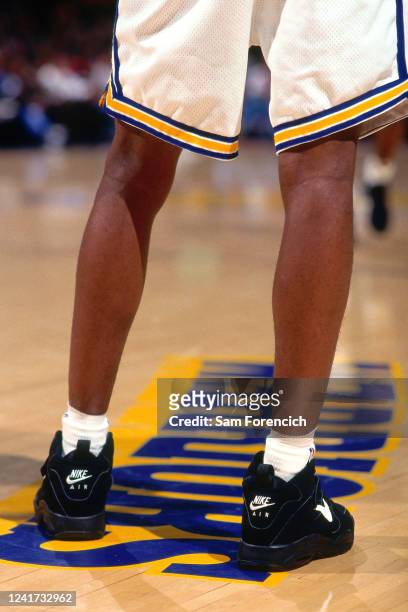 The sneakers worn by Latrell Sprewell of the Golden State Warriors during a game in 1992 at The Oakland-Alameda County Coliseum Arena in Oakland,...