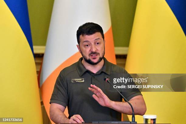 Ukrainian President Volodymyr Zelensky gives a joint press conference following talks with Ireland's Taoiseach in Kyiv on July 6 amid the Russian...