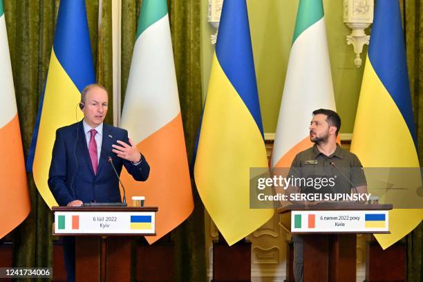 Ukrainian President Volodymyr Zelensky and Ireland's Taoiseach Micheal Martin give a joint press conference following their talks in Kyiv on July 6...