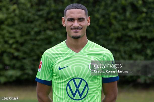 Maxence Lacroix of VfL Wolfsburg poses during the team presentation at Volkswagen Arena on July 6, 2022 in Wolfsburg, Germany.