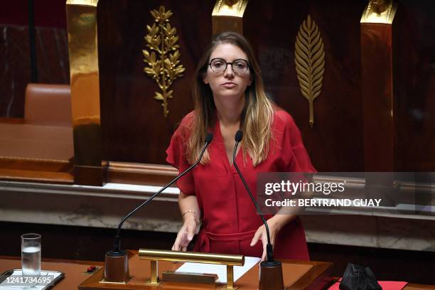 French Member of parliament and President of the parliamentary group of the Renaissance ruling party Aurore Berge gives a speech after Prime Minister...