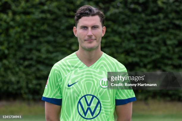 Jonas Wind of VfL Wolfsburg poses during the team presentation at Volkswagen Arena on July 6, 2022 in Wolfsburg, Germany.