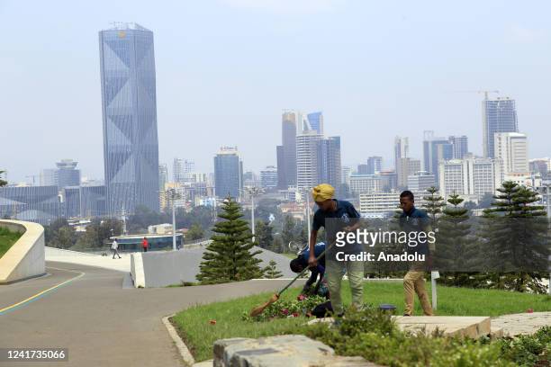 Workers clean the Friendship Park in Addis Ababa, Ethiopia on July 05, 2022. There are jogging - walking paths, bicycle paths, conference and...