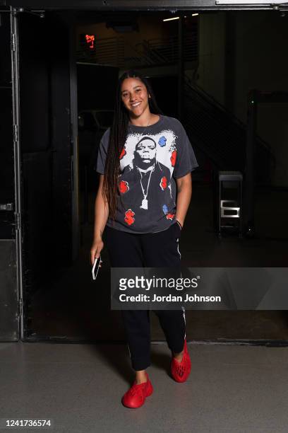 Natalie Achonwa of the Minnesota Lynx arrives to the arena before the game against the Chicago Sky on July 6, 2022 at Target Center in Minneapolis,...