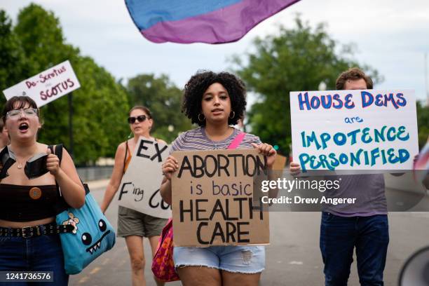 Small group of abortion rights activists march from the U.S. Supreme Court to the House of Representatives office buildings on Capitol Hill on July...