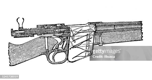 antique illustration: weapon gun rifle trigger section - trigger warning stock illustrations