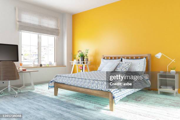 scandinavian style loft empty bedroom interior with yellow wall - yellow wall stock pictures, royalty-free photos & images