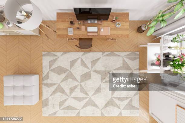 living room with computer above view - carpet stock pictures, royalty-free photos & images