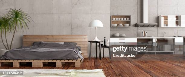 panoramic bedroom with open kitchen - narrow kitchen stock pictures, royalty-free photos & images